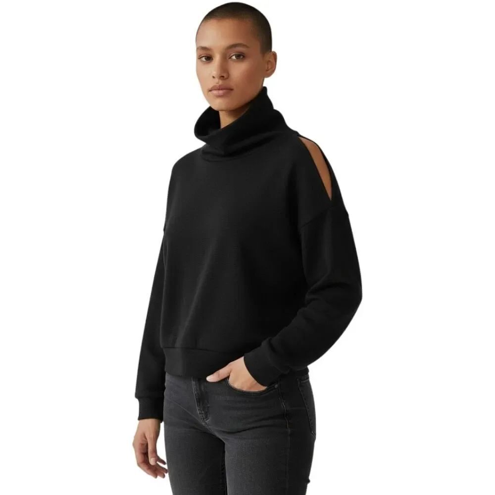 Akira Chicago Red Label Top Ribbed Cold Shoulder Long Sleeve Black Womens L